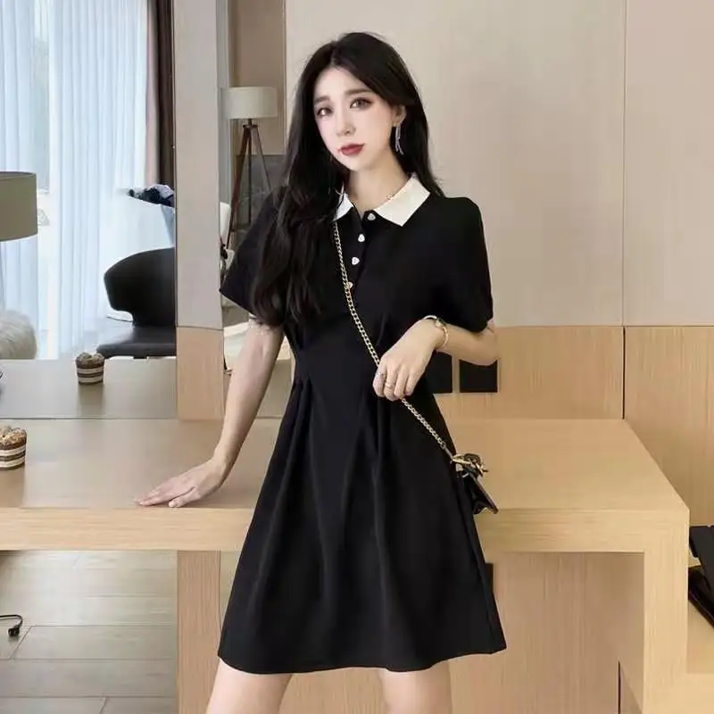 

2021 Summer New Hepburn Style Small Black Skirt Small Polo Collar Black Close Waist High Waist Dress Women's Wear