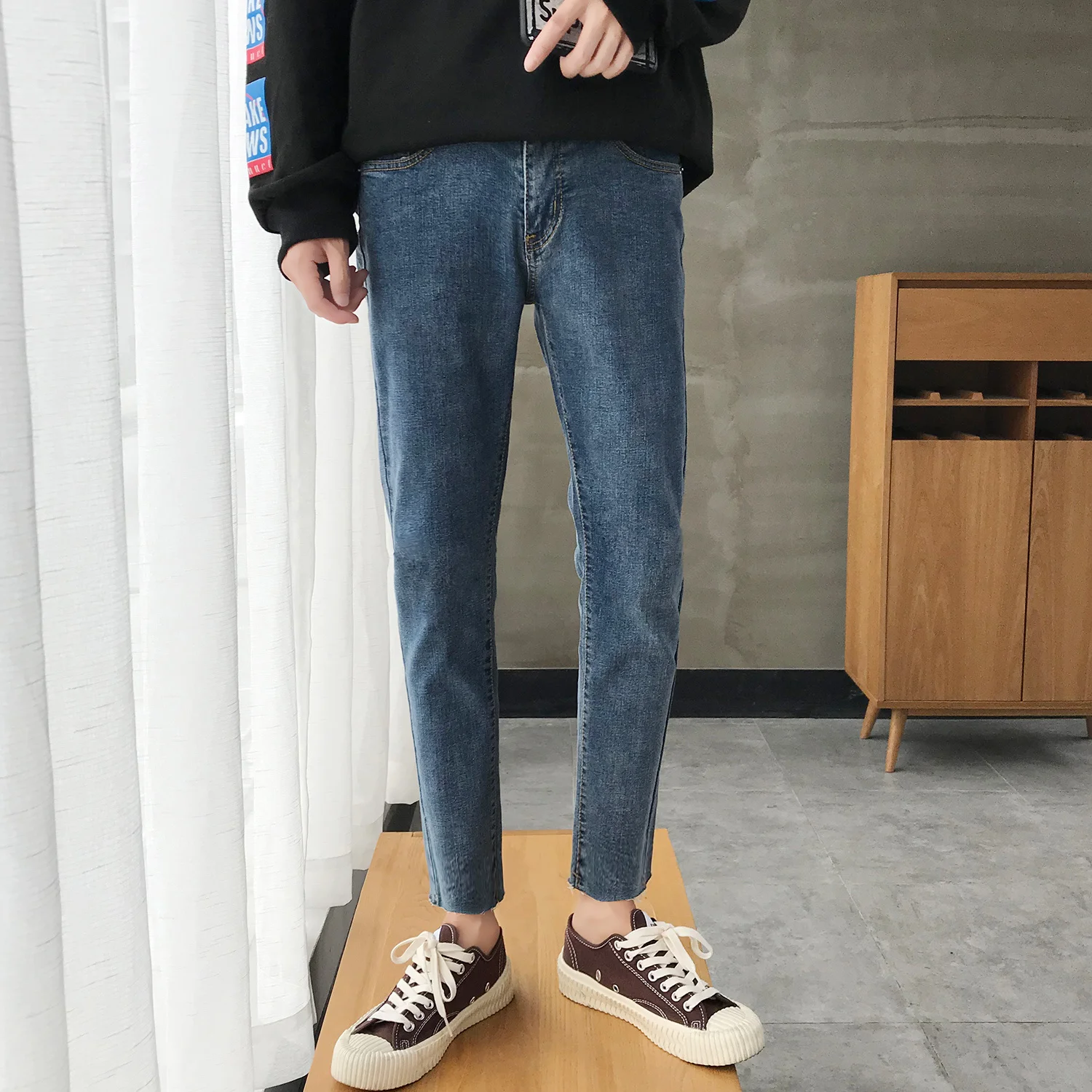 

2021 Japanese Style Men's Solid Color Stretch Slim Fit Classic Skinny Jeans Blue Casual Pants Biker Denim Trousers