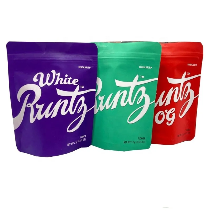 

Custom Mylar Weed Bags Runtz With Child-proof Zip-lock, Smell Proof White Runtz Weed Bag Packaging
