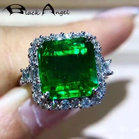 black angel 925 silver luxury created emerald cz square green tourmaline gemstone adjustable ring for women jewelry wedding gift