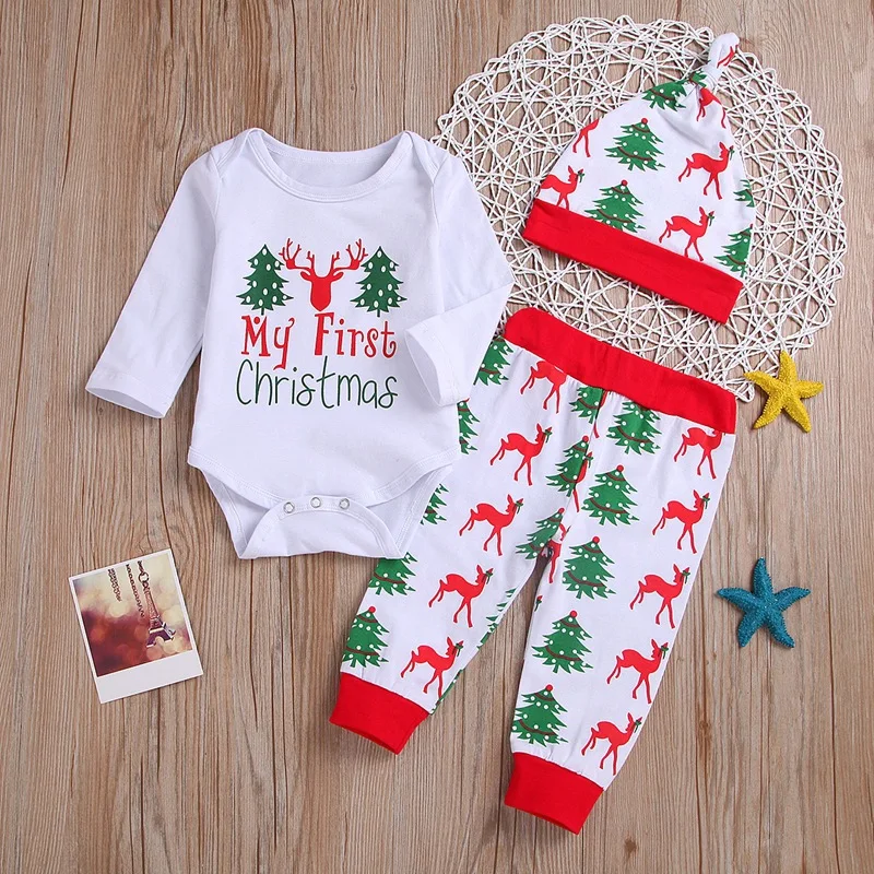 

2021 Christmas Baby's Girls Clothes Sets Infant Newborn Jumpsuit+Trousers+Hat Toddler Boy Long Sleeved Romper Kids Costume 0-18M