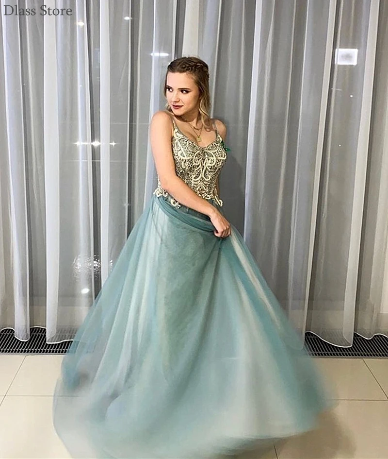 

Light Blue Evening Dress A-line Tulle Applique Spaghetti Strap V-neck Floor Length Backless Sexy Prom Dress vestidos de fiesta