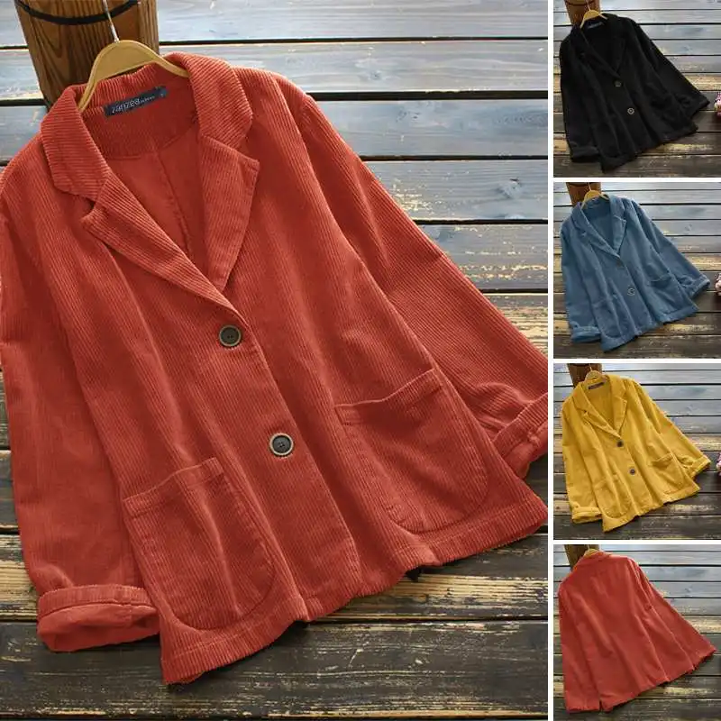 

Vintage Corduroy Coats Women's Solid Jackets 2021 ZANZEA Casual Lapel Button Outwears Female Long Sleeve Tops Plus Size Tunic