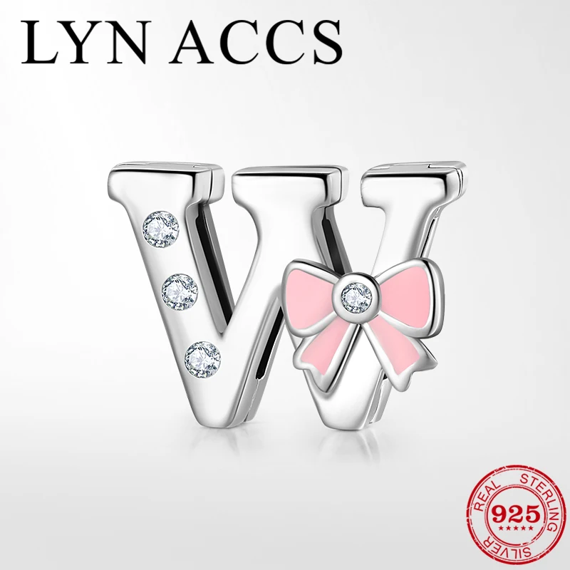 Розовая Подростковая бусина-бант с буквой W 100% _ Серебряный кубический цирконий