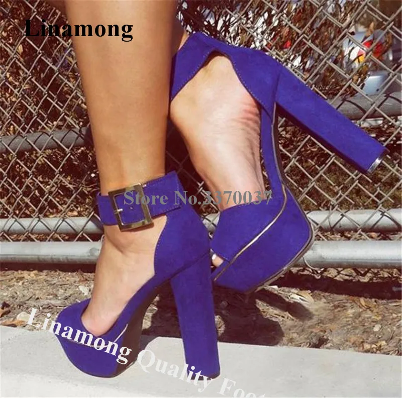 

Linamong Fashion Peep Toe High Platform Chunky Heel Sandals Blue Suede Leather Ankle Big Buckle Thick High Heel Sandals