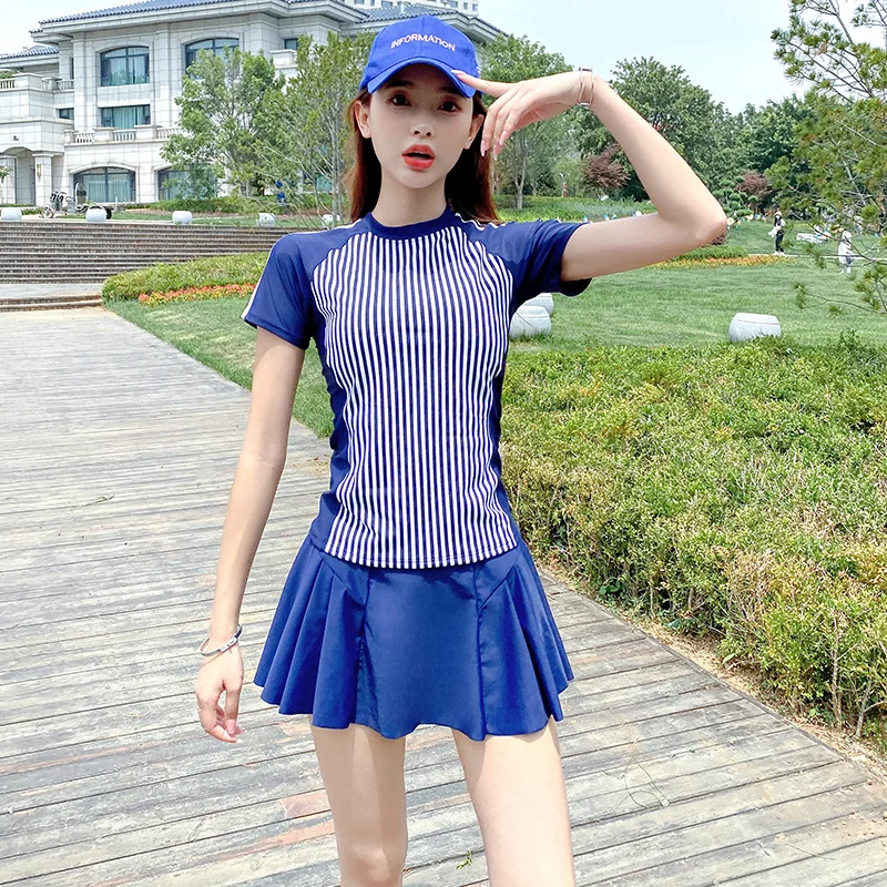 

Women 2 Pieces Short Sleeve Skirted Swimwear Suits Wetsuits Swimsuit Striped Blue Sport
