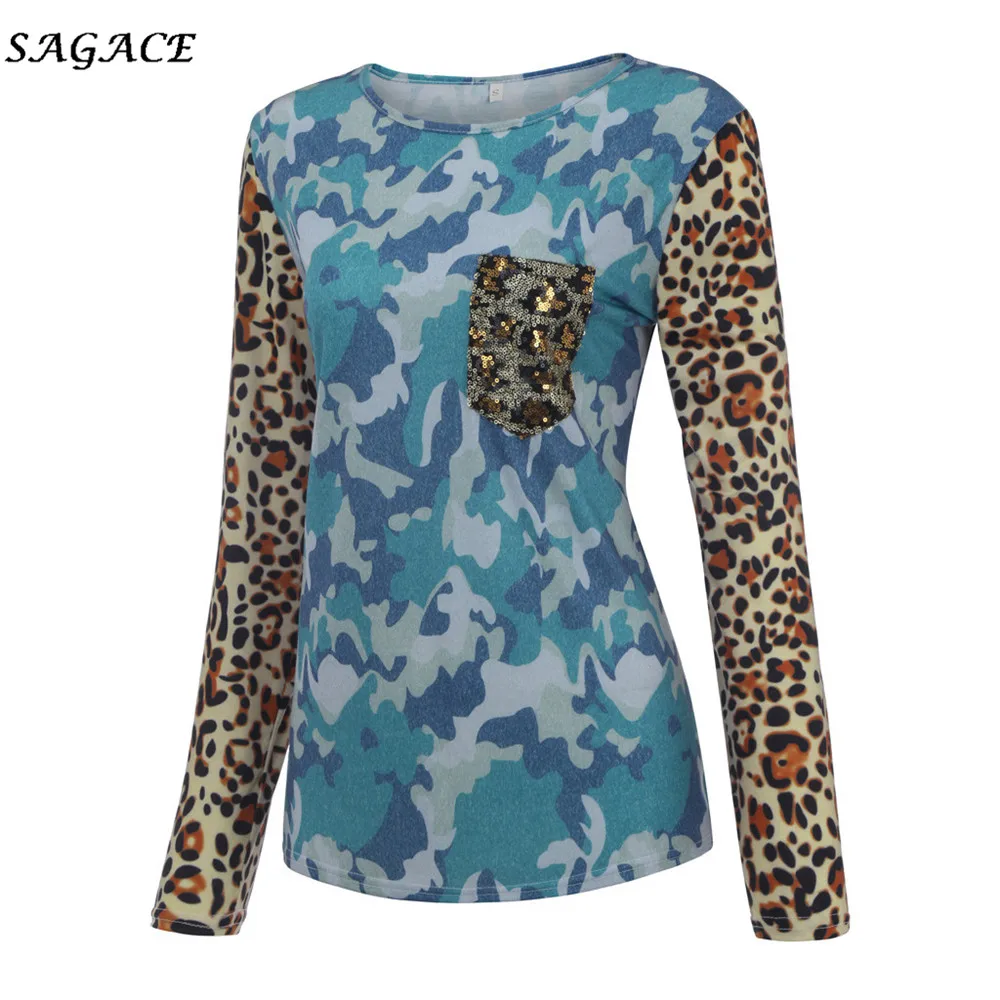 Женские топы с леопардовым принтом Sagace лоскутные камуфляжные Топы длинным