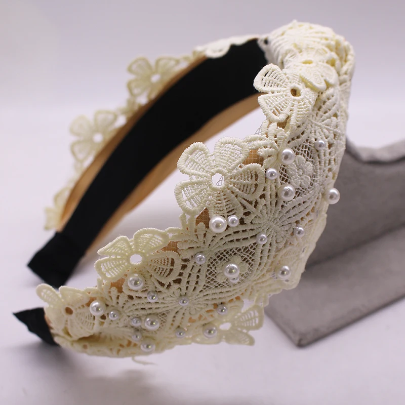 cream small flower Винтажное богемное кружево с жемчугом завязанная головная повязка с узлом повязка для волос аксессуары для волос - Цвет: cream small flower