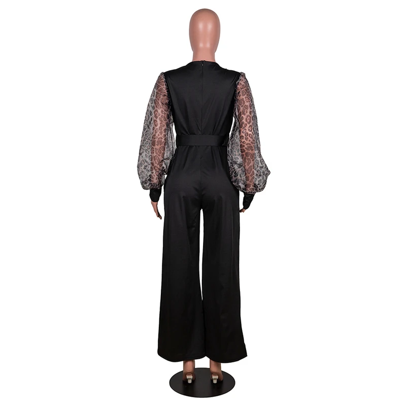 

Plus Size Jumpsuits and Rompers for Women One Piece Outfit with Belt Lantern Sleeve Leopard Mesh Jumpsuit Wholesale Dropshipping