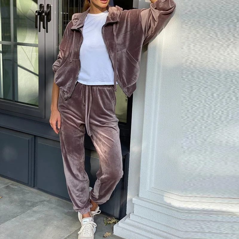 

Women Pants Tracksuit Velvet Zipper Jacket Sets Casual Drawstring Hoodie Top And Lace Up Joggers Ladies Suit Loose Trendy Autumn