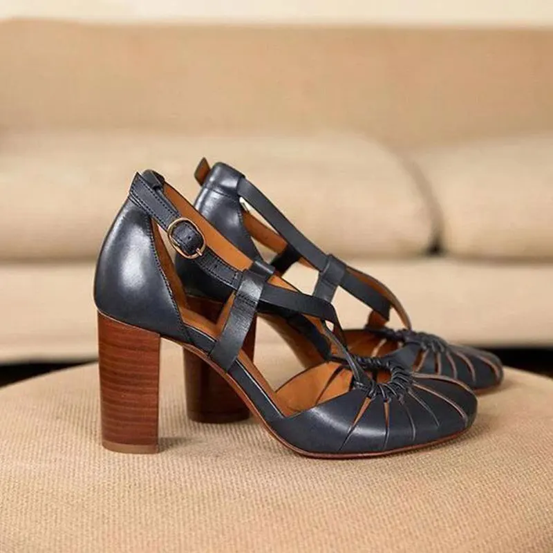 

2020 summer Baotou high-heeled women's sandals retro round head hollow women's casual Heel Wedding Dress Shoes zapatos de mujer