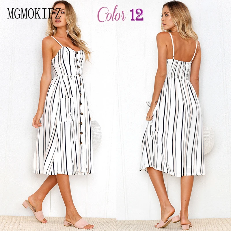 Boho Цветочный принт летнее платье Для женщин V шеи Карманы миди без рукавов платья