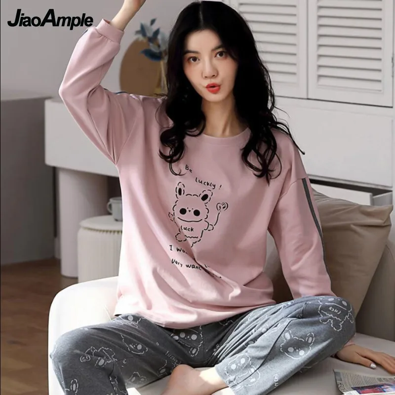 100% Cotton Pajamas Women's Autumn Winter Long-sleeved Trousers Pijamas Two-piece Korean Cartoon Loose Sleepwear Nightie Set