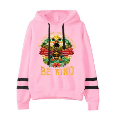 

Women Hoodie Be Kind Printed Hoodies Women Double Striped Long Sleeve Fleece Sweatshirt with Hat Girls Pullovers Winter