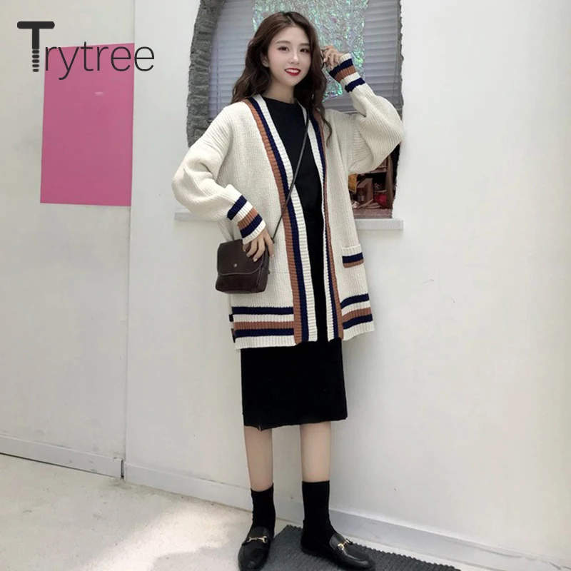 Trytree Winter Women Casual Sweater V-neck Knitting Patchwork Cardigans 4 Colour Fashion Computer Knitted Loose |