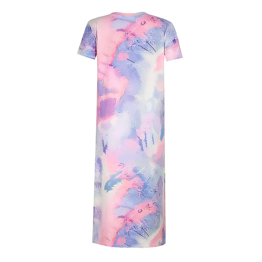 

Tie Dye Slit Long Dress Women Summer Print O-Neck Short Sleeve Casual Loose Holiday Beach Sundress 2021 Female Clothes Atopos