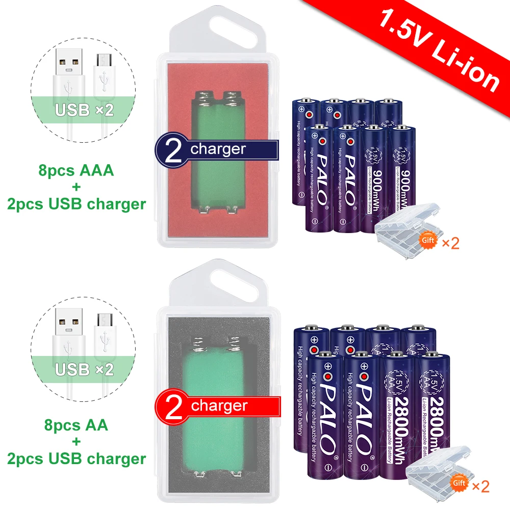 Литий ионный аккумулятор PALO 1 5 в AAA МВтч AA + чехол для батарей AAA|Перезаряжаемые