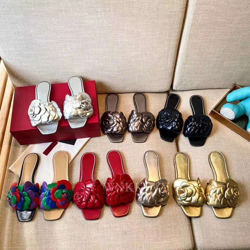 

Summer New Women Sexy Open Toe Beach Slides Flower Flat Slipper Real Leather Femael Outdoor Comfort Flipflops Sandals Slippers