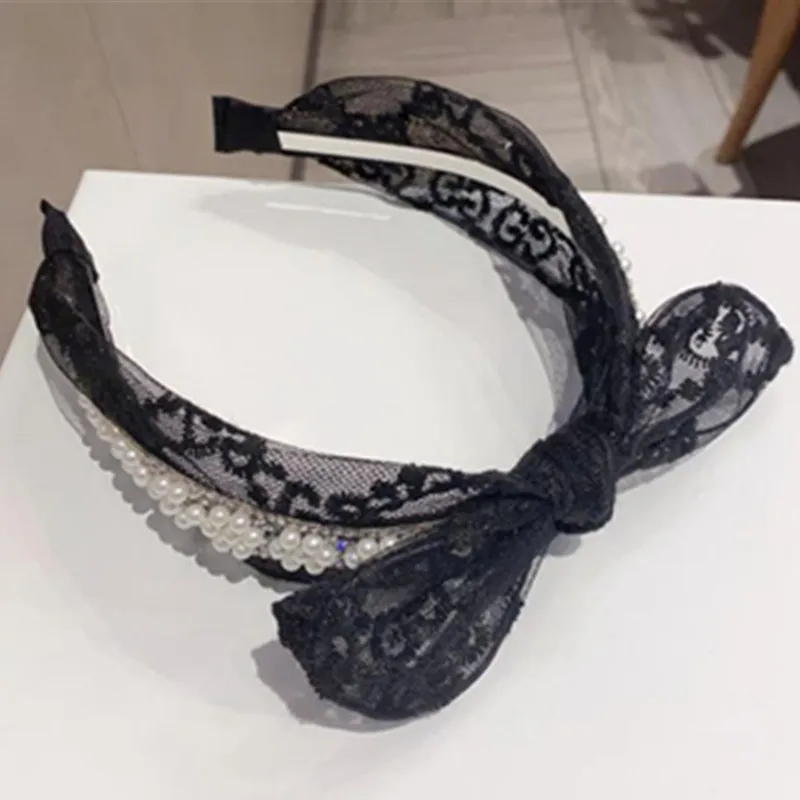 

Women Organza Bow Hairband with Pearls Wide Mesh Crystals Bowknot Headband Ladies Party Hair Ornament Hair Hoop Adults Head Band