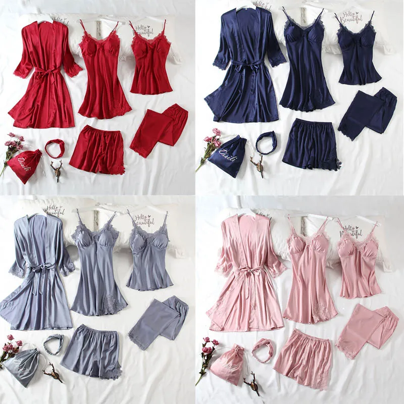 Новинка 7 шт. одежда для сна розовый вечерний комплект с платьем атласное