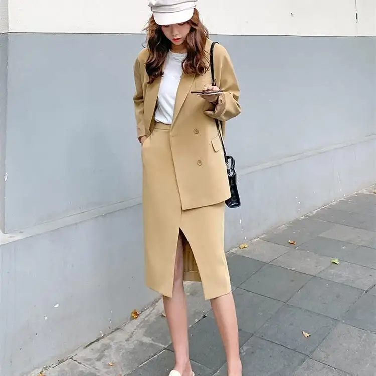 Элегантный отложной воротник куртка Высокая талия юбка костюм Женский Длинный