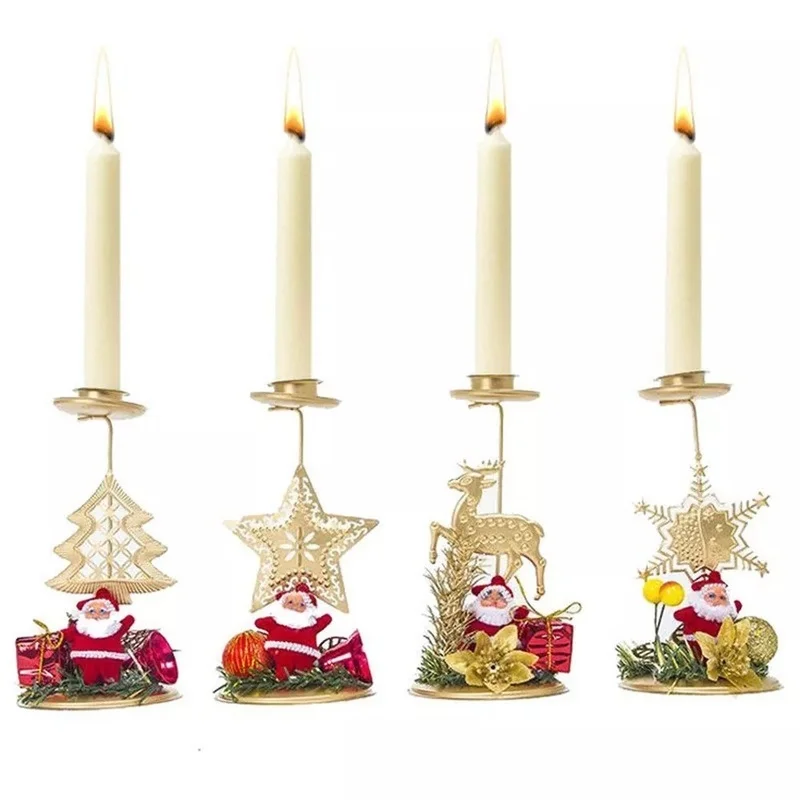 

Santa Claus Snowflake Star Christmas Gold Candlestick Iron Candle Ornament Gift Desktop Candle Holder for Xmas Bar Table Decor