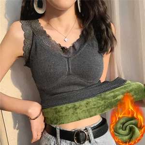 Женская кружевная майка в стиле пэчворк, сезон осень-зима, теплая плотная бархатная майка, Женский облегающий жилет без рукавов с V-образным вырезом, вязаное нижнее белье, топы AB2012