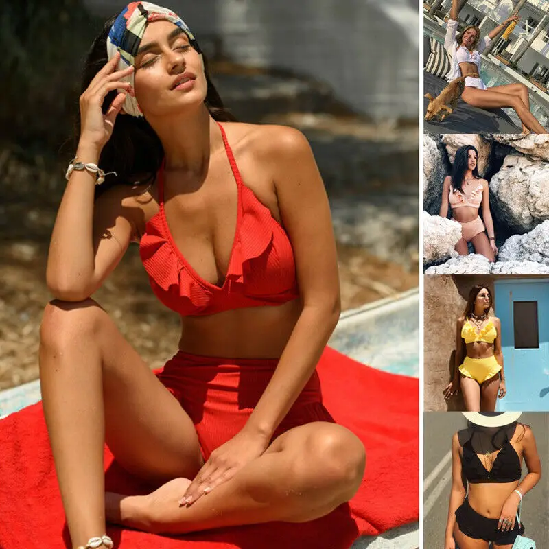 Женский однотонный вязаный купальник с чашками пуш-ап ремешком оборками и