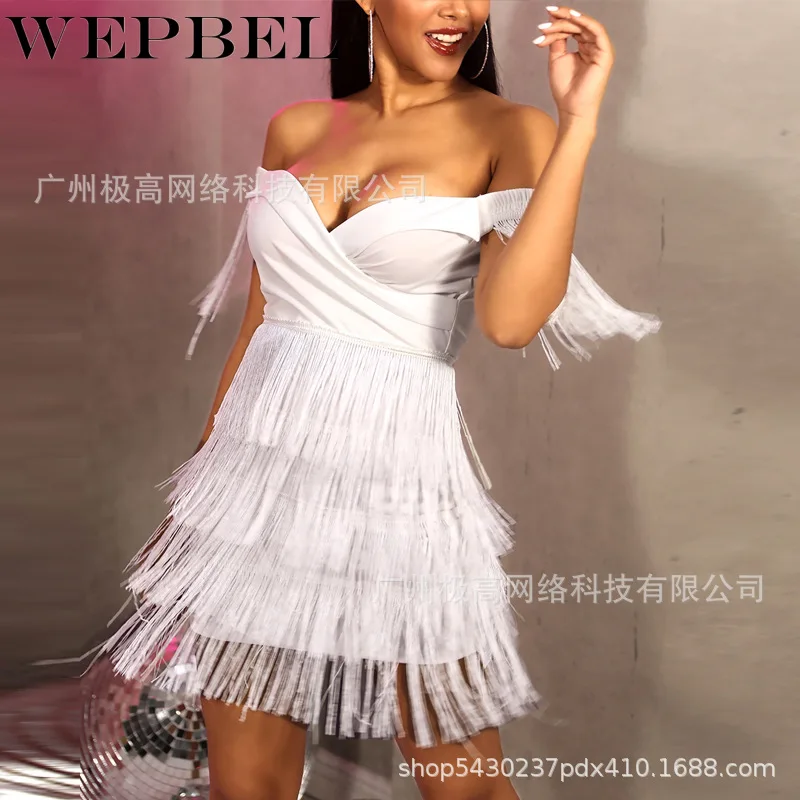 

WEPBEL Dress Sleeveless Spaghetti Strap Slash Neck High Waist Mini Dress Women's Summer Sexy Solid Color Tassled Sheath Dress