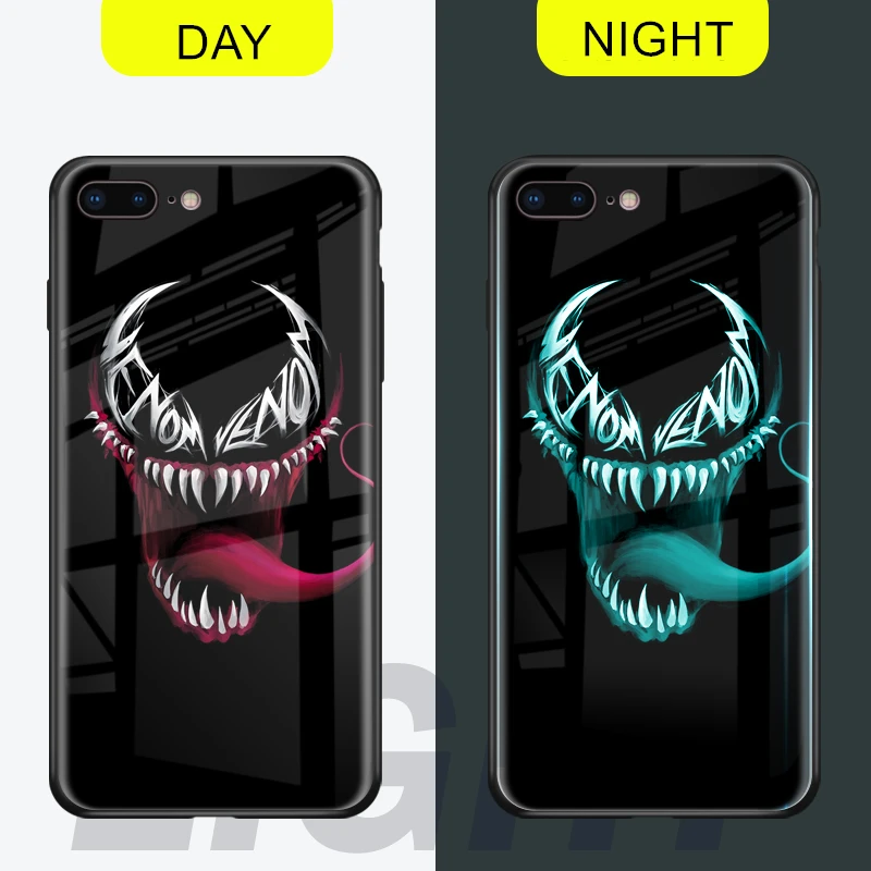 QINUO Marvel супергерой светящийся чехол для iphone 6 6s 7 8 Plus закаленное стекло чехол для телефона для iphone X XS Max XR Coque Funda Capa - Цвет: Venom