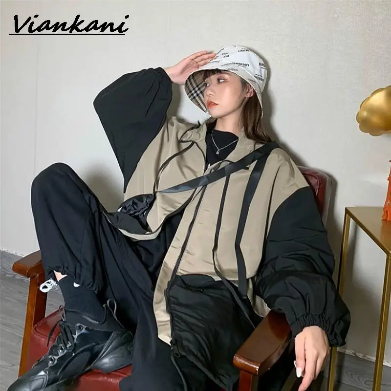 

Женская Базовая куртка в стиле Харадзюку, Свободное длинное пальто в стиле пэчворк с воротником-стойкой, студенческое пальто в стиле бойфре...