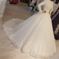 new white arabic muslim wedding dresses princess high neck long sleeves lace appliques bridal gowns robe de mariage