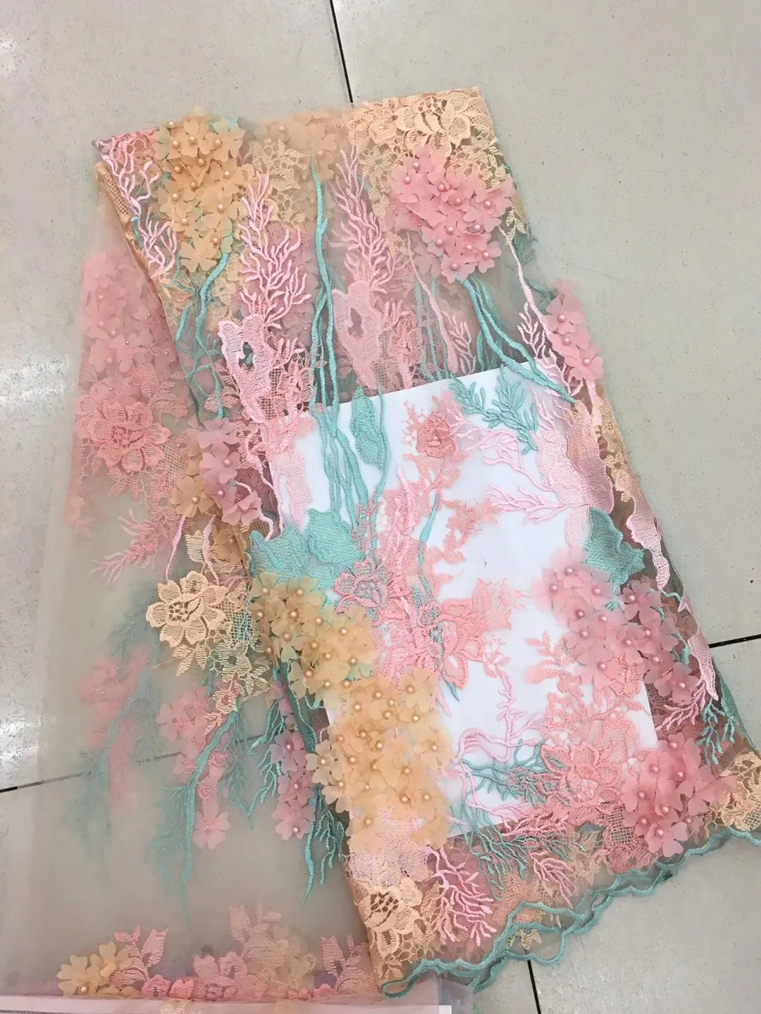 

Pink Wedding Lace Fabric, 3D Flower Beads Lace Embroidered Fabric, Applique Lace Fabric Wedding Dress RF2522