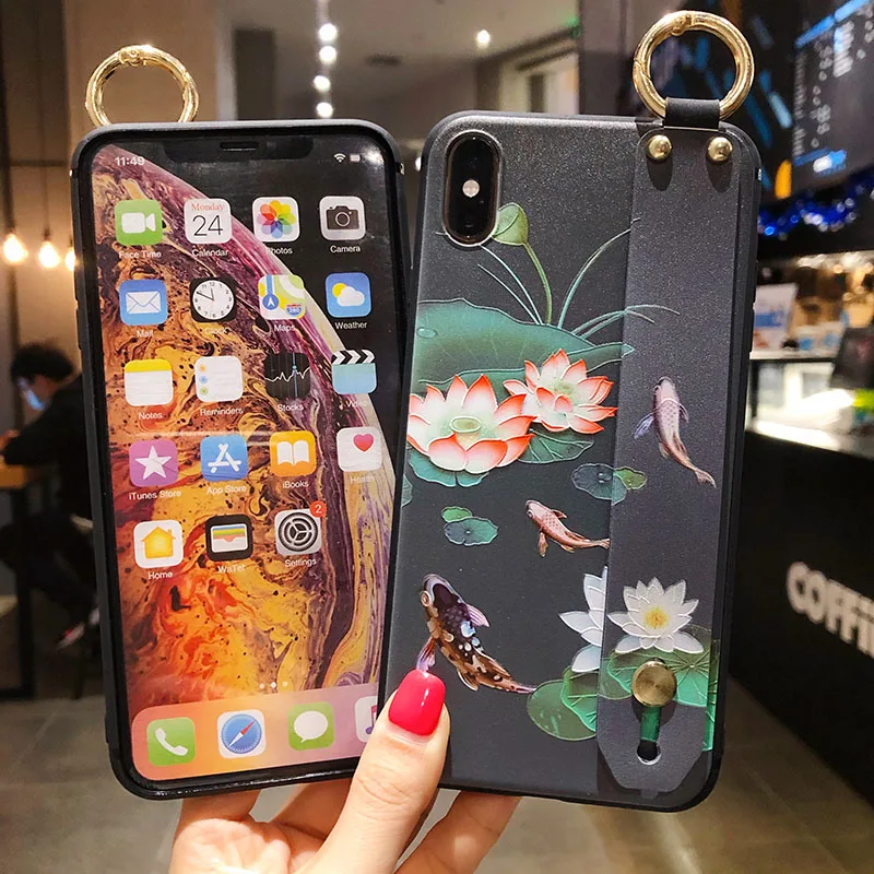 

for iPhone 12 mini 11 Pro Max X XR XS Max 7 8 Plus Koi lotus wristband protective cover, mobile phone holder TPU soft shell