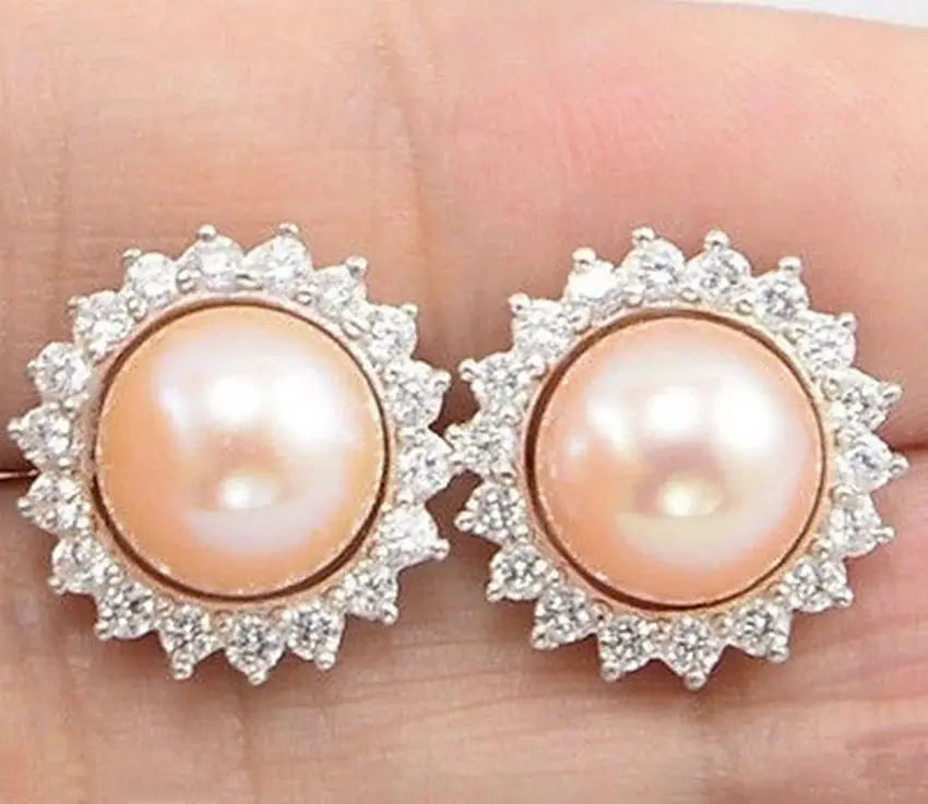 

New Genuine Natural 8-9mm Pink Cultured Pearl Inlay Crystal Stud Earrings