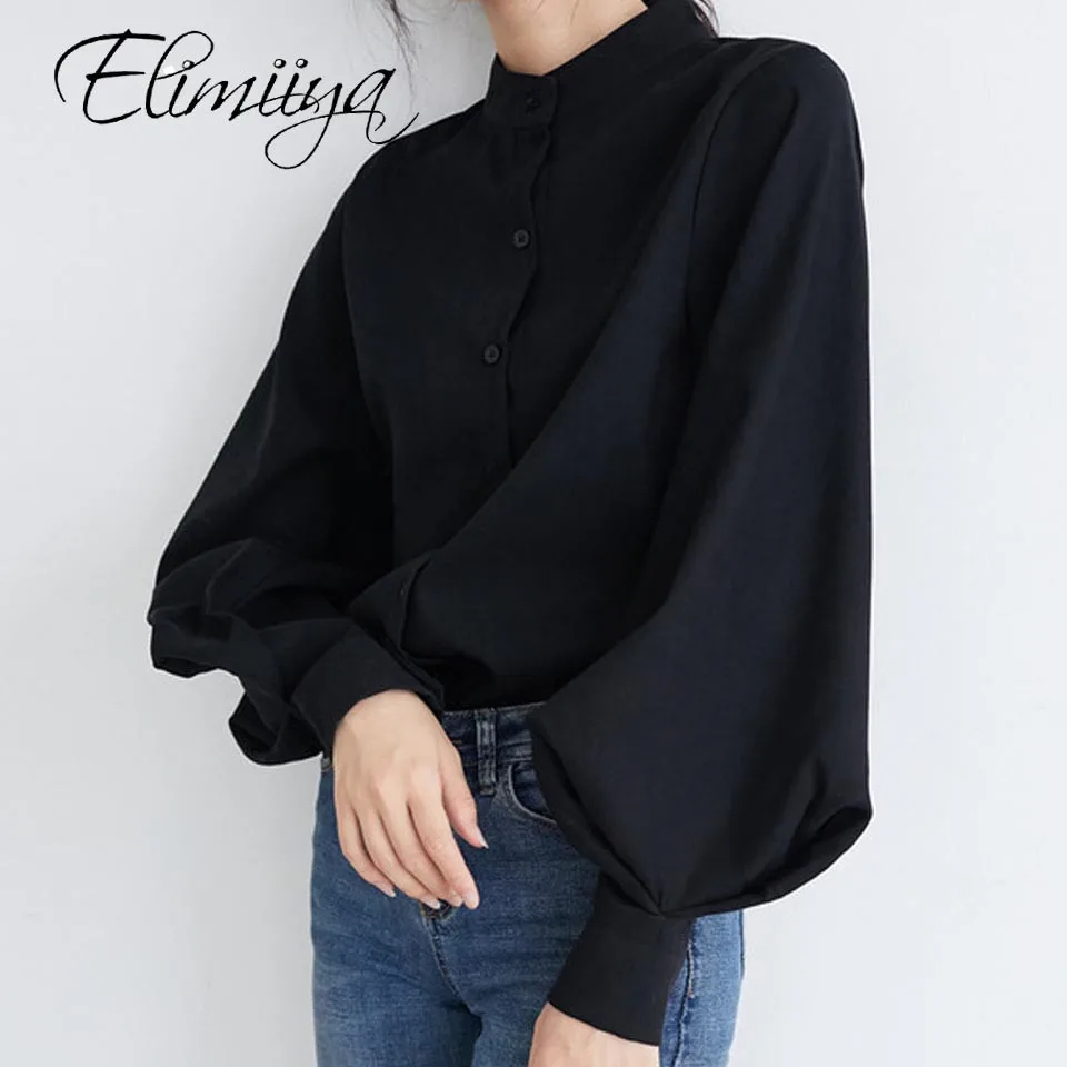 

Elimiiya Women Tops and Bloues Retro Bf Style Lantern Sleeve Stand Collar Loose Shirt Plus Size Clothing