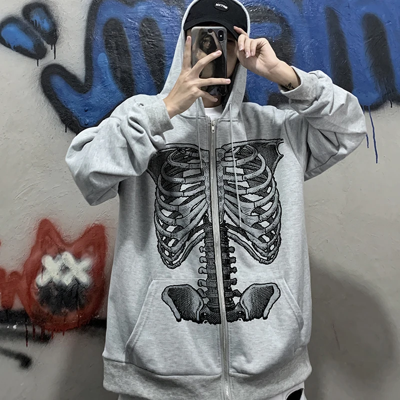 

Vintage Fashion goth skull print hip hop y2k female Oversized hoodie streetwear zip up sweatshirts winter grunge Woman clothes