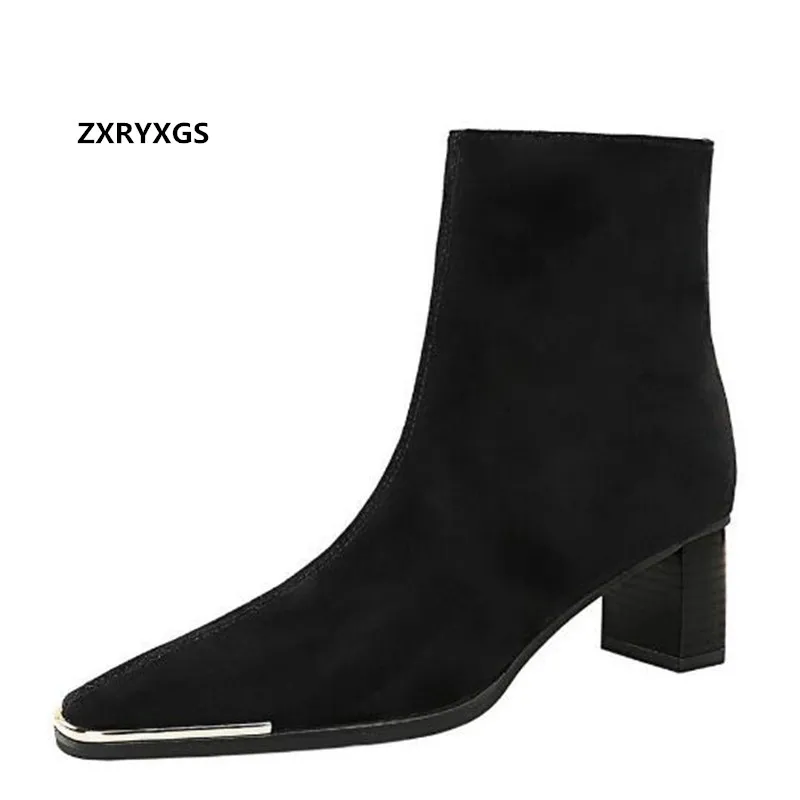

2022 New Classic Black Autumn Winter Boots Fashion Metal Square Toe High Heel Shoes Suede Sexy Was Slim Short Boot Women's Boots