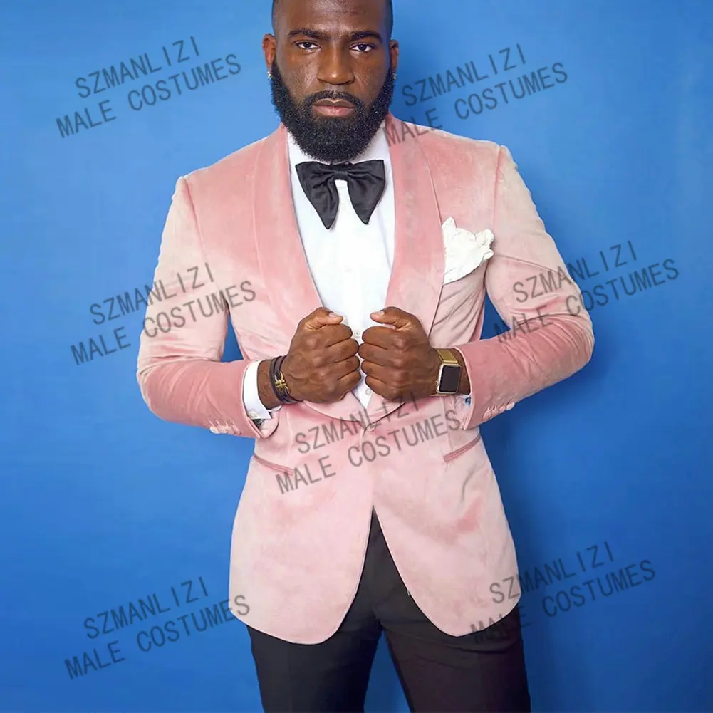 2022 Men Pink Velvet Smoking Blazer Wedding Groom Suits Shawl Lapel Tuxedo For Men Wedding Suits Prom Best Man Suit
