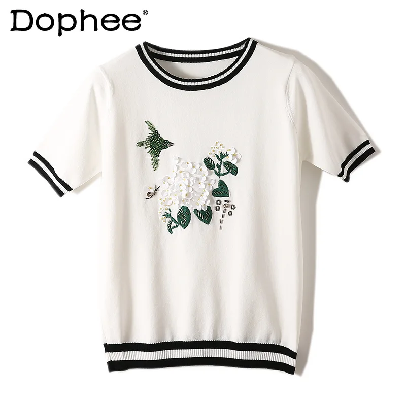 

Женская шелковая футболка ручной работы, трикотажная футболка с вышивкой птиц и бисером, с круглым вырезом, весна 2021