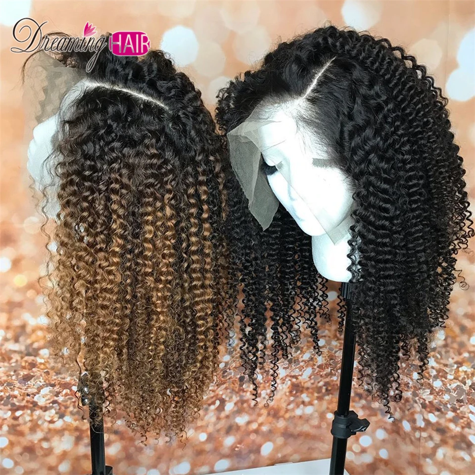 

1b 30 Ombre Afro Kinky Curly Lace Front Wig With Baby Hair Brazilian Remy Short Curly Human Hair Wigs 13X4 4b-4c 150% Natural