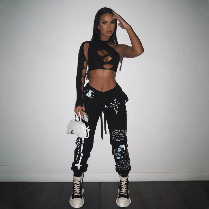 

Lygens Hollow Out One Shoulder Black T-Shirt Sexy Crop Top Women 2021 Winter Y2K Streetwear Girls' Club Tee Shirts Dropshipping