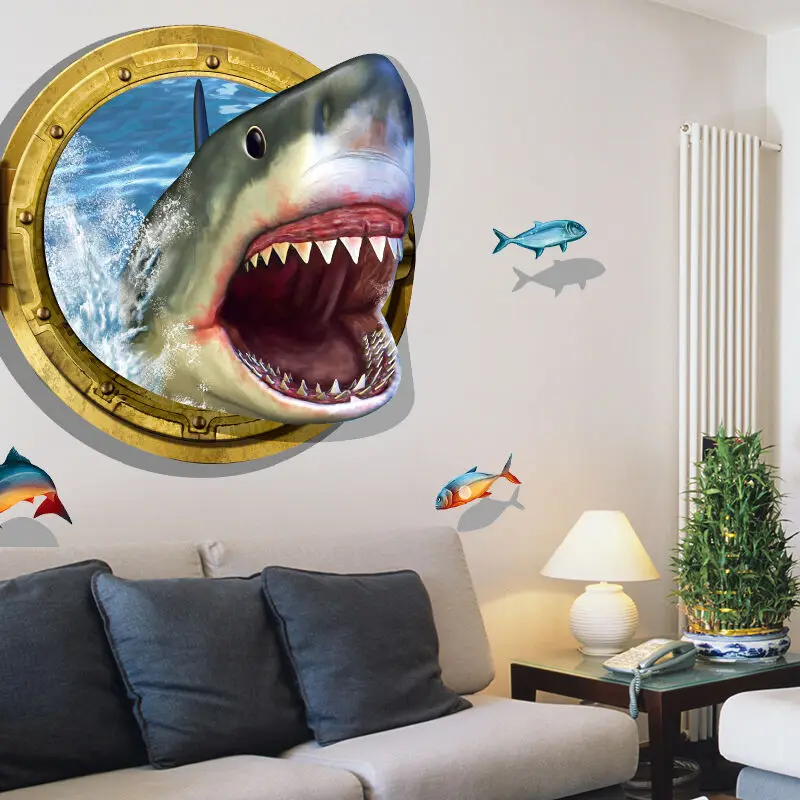 3D Акула иллюминатор Настенная Наклейка морской круиз Wall Art Стикеры домашнего