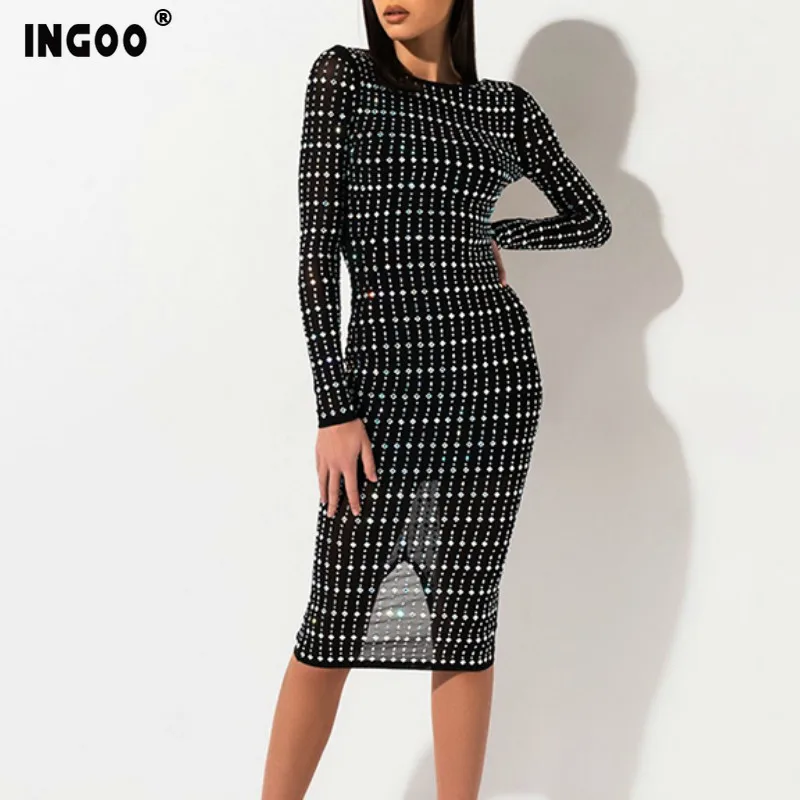 INGOO Elegants Сетчатое облегающее женское платье весна 2020 Сексуальные вечерние платья