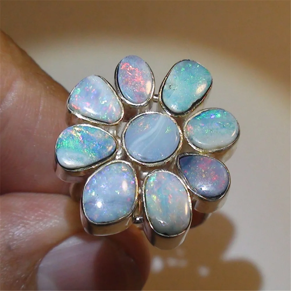

Vintage Flower Rings For Women Engagement Wedding Retro Colorful Opal Girl Birthday Present Party Classic Rins
