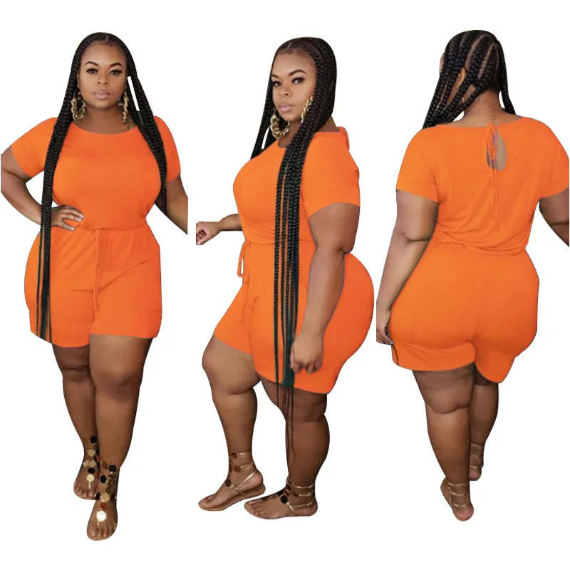 

Fashion Women Solid Color Casual Jumpsuits Plus Size 2021 Summer O-neck Short Sleeve High Waist Lace-up Skinny Short Rompers