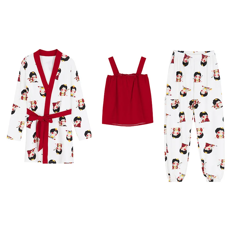 

Pajama Set Women Autumn Clothes Cotton Cartoon Loose Style Bathing Yukata Tops Trousers Pajamas Lovely Nightgown Girl Cozy Set