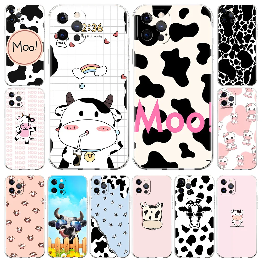 

Cow Print Transparent Cover for iPhone 13 12 11 Pro Max 8 7 Plus SE 2020 X XR XS Max Shell Soft TPU Phone Case Silicon Coque Bag
