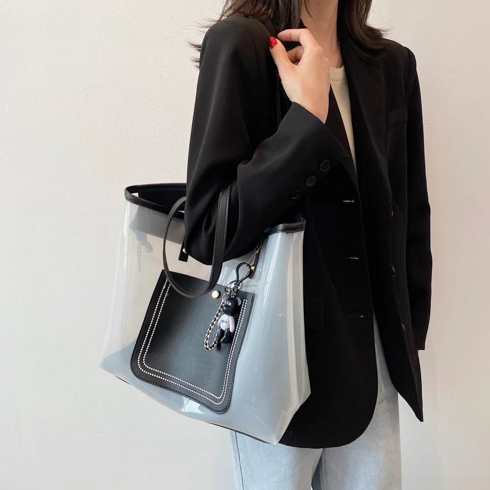 

2021 Fashion Summer Transparent Women Handbag Luxury Designer Clear PVC Beach Tote Bags Large Female Shoulder Bag