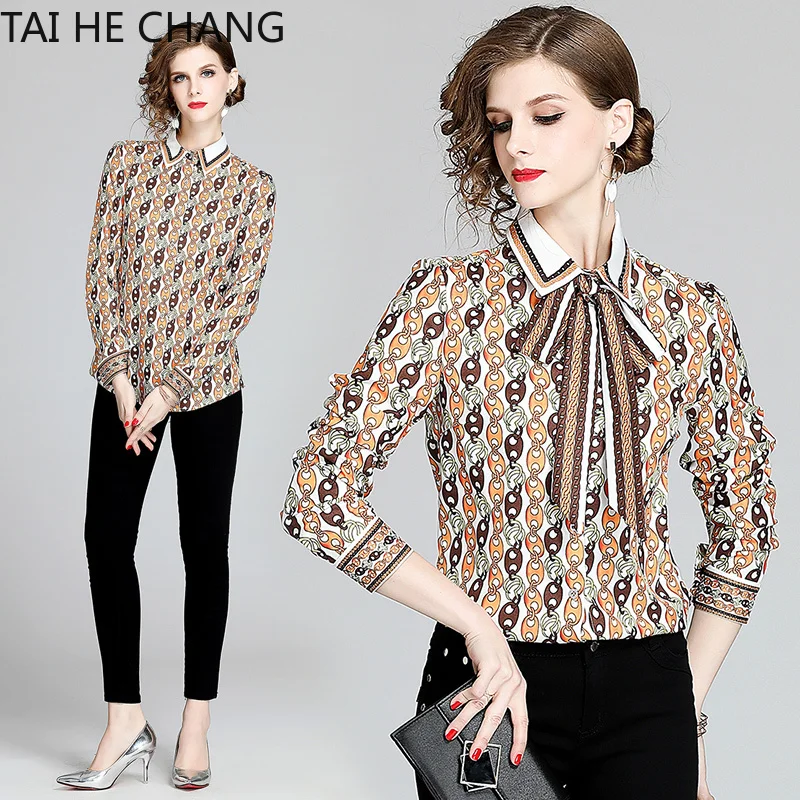 

2020 New Fashion High Quality Women Clothing Tops Blouses & Shirts Casual Print Long Sleeve Vintage Slim Shirt